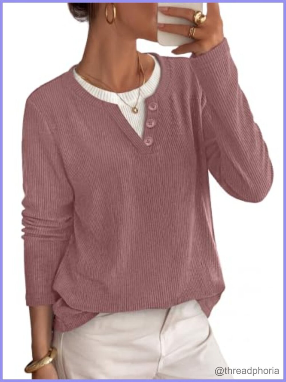 OFEEFAN Womens Henley Neck Ribbed Knit Tunic Top Long Sleeve Blouse